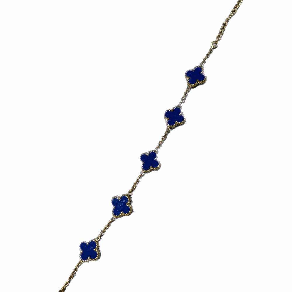 Elegant Yellow Gold Tone Lapis Lazuli Blue Four Leaf Bracelet
